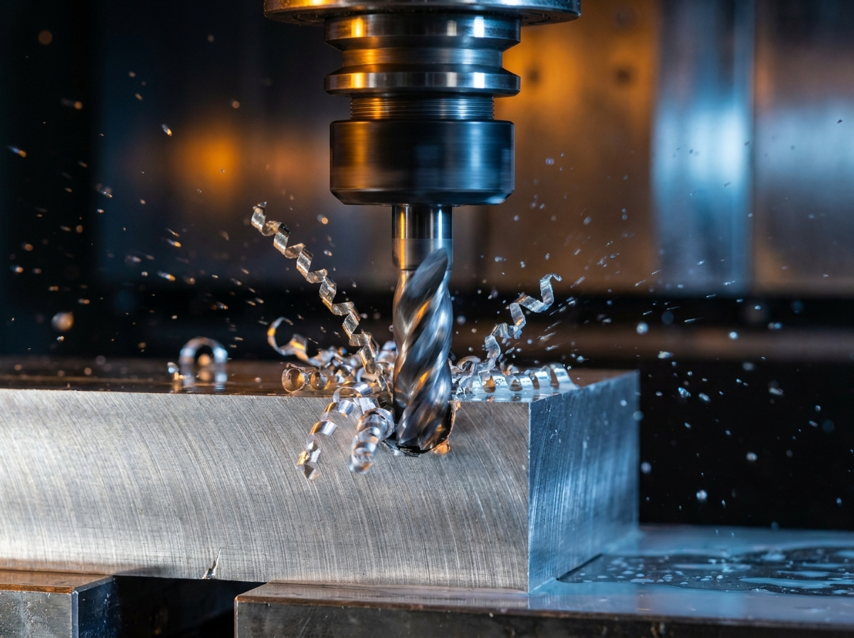 Carbide end mill cutting an aluminum block on a CNC mill with chips flying
