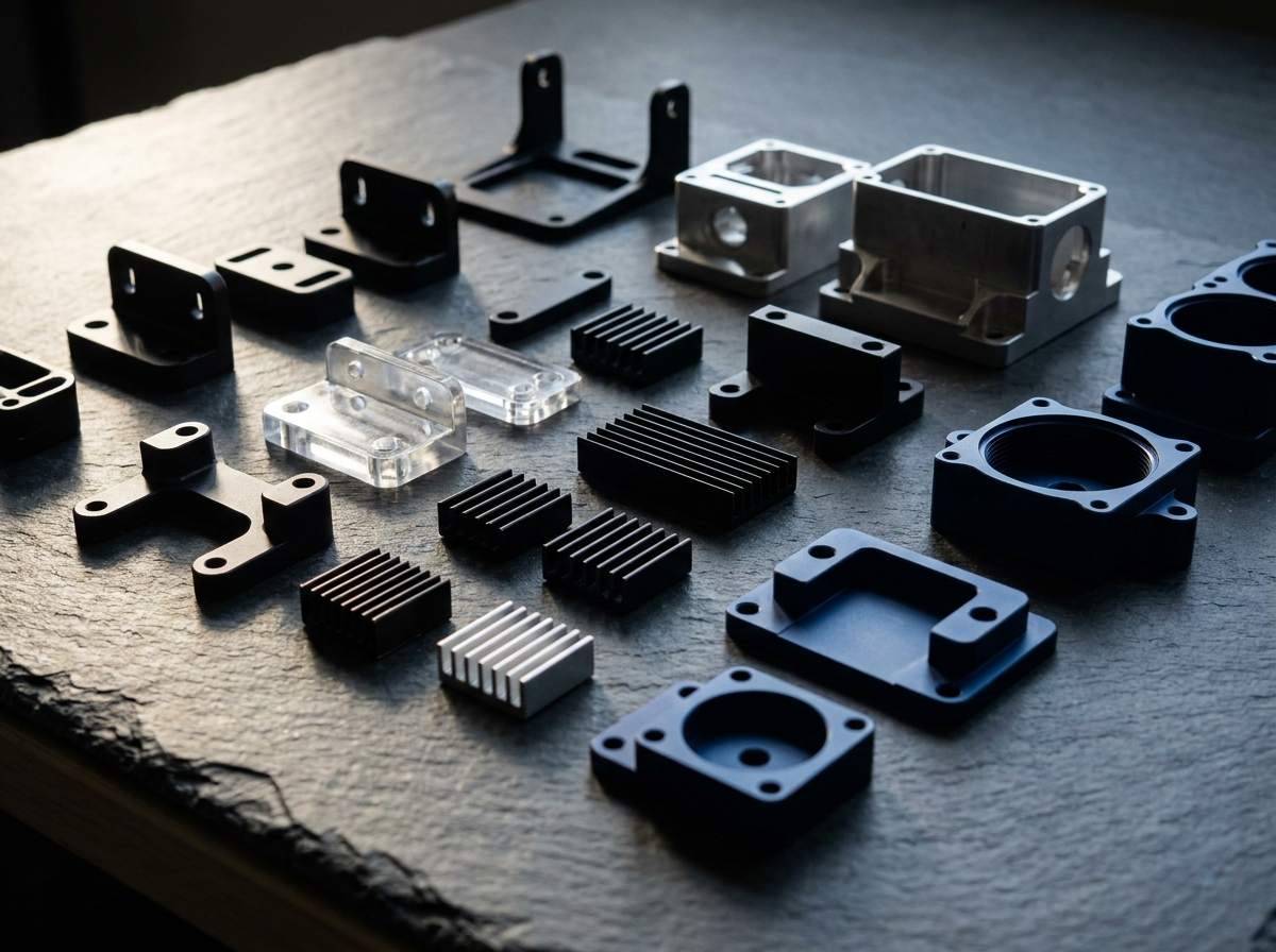 Anodized aluminum CNC machined parts in black, clear and blue finishes